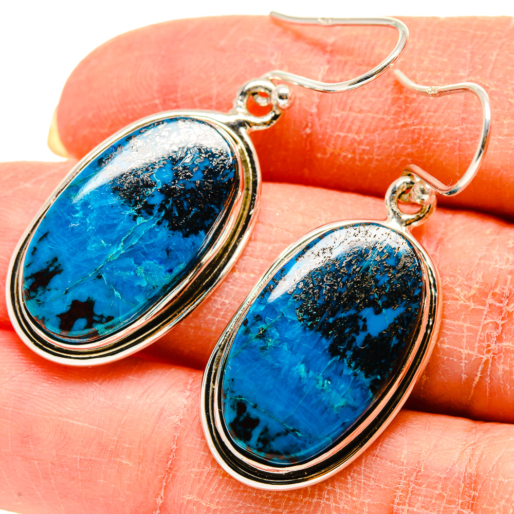 Shattuckite earrings, oval blue stone bezel with 925 sterling silver fishhook backs
