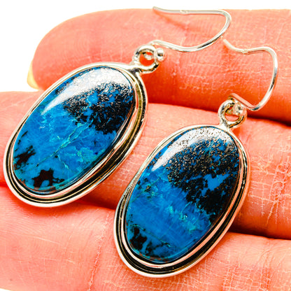 Shattuckite earrings, oval blue stone bezel with 925 sterling silver fishhook backs