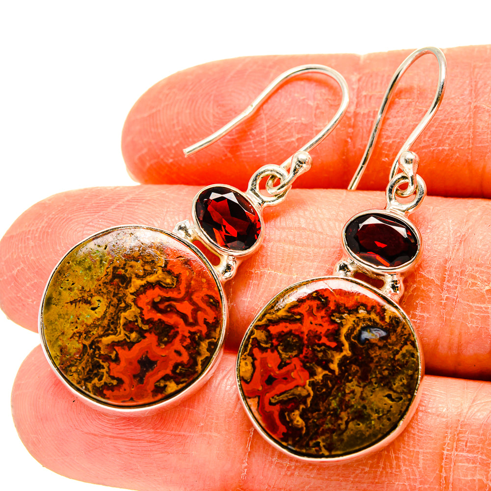 Round marbled agate drop earrings with dark red faceted stones and silver hooks