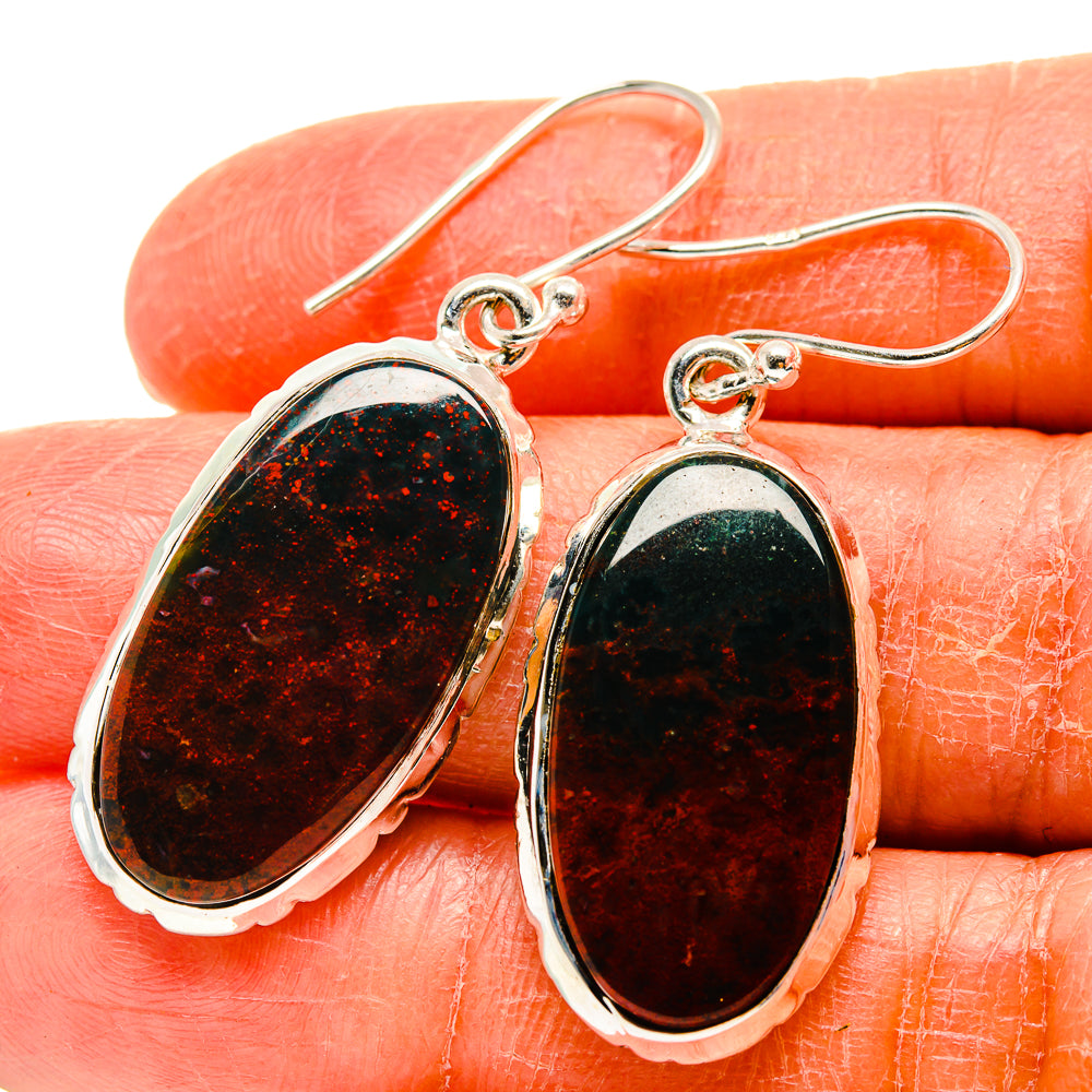 Bloodstone oval drop earrings in 925 sterling silver, dark red speckled stone, hook backs