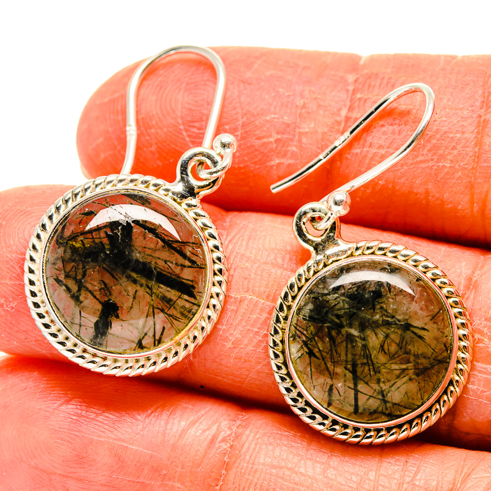Tourmalinated quartz earrings, 925 sterling silver round green stone, fishhook drops
