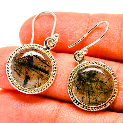 Tourmalinated quartz earrings, 925 sterling silver round green stone, fishhook drops