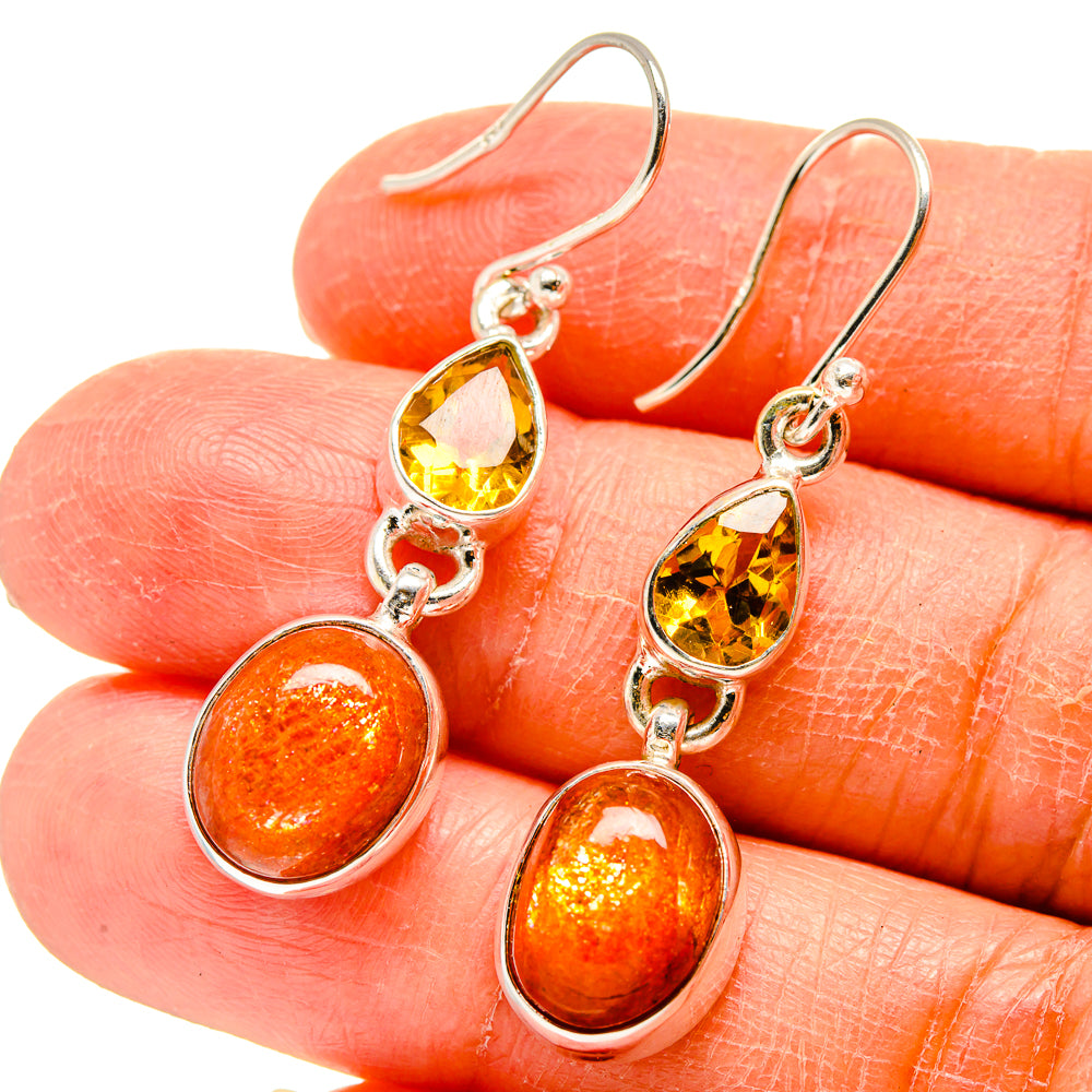 Sterling silver drop earrings with yellow citrine and orange sunstone oval dangles