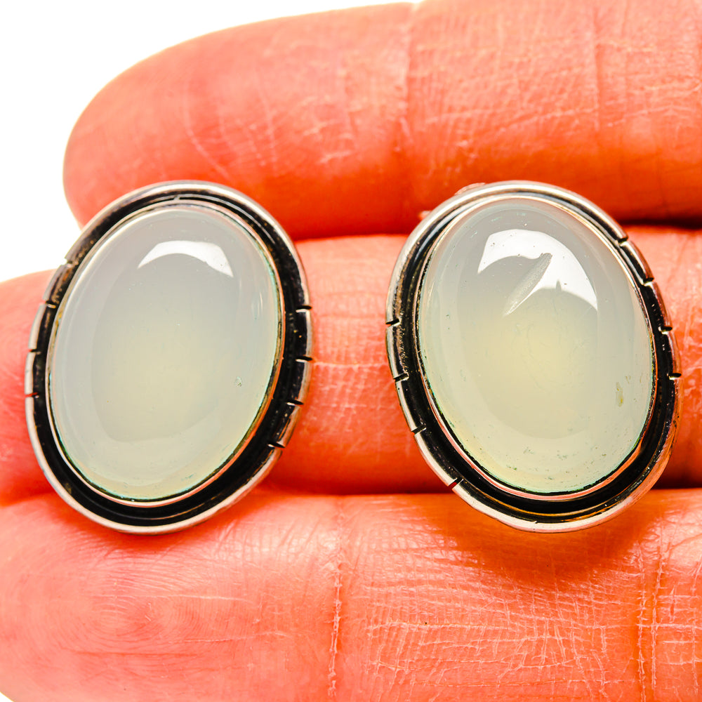 Oval aqua chalcedony stud earrings in 925 sterling silver bezel setting