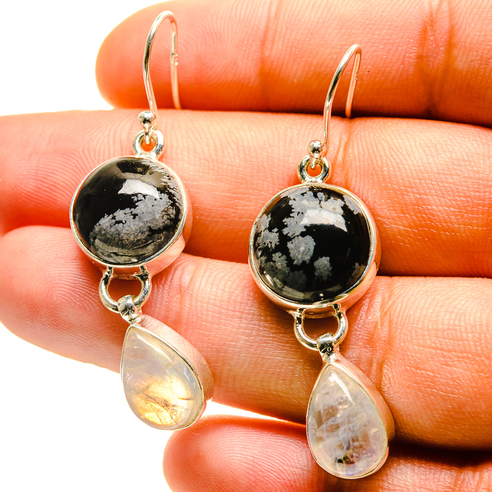 Round snowflake obsidian earrings with teardrop moonstone drops, 925 silver hooks