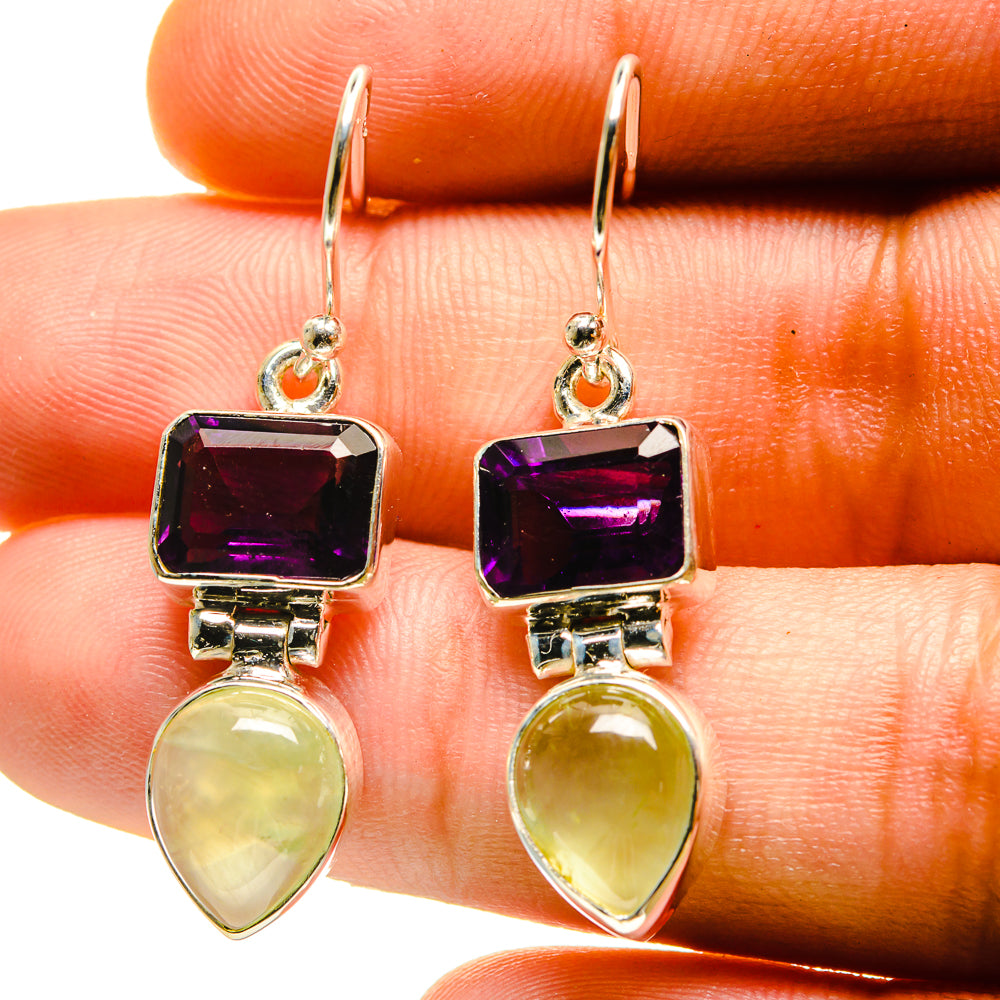 925 sterling silver amethyst & prehnite drop earrings, purple and pale yellow stones