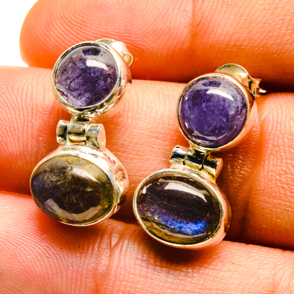 925 sterling silver drop earrings with purple oval and blue-gray round stones