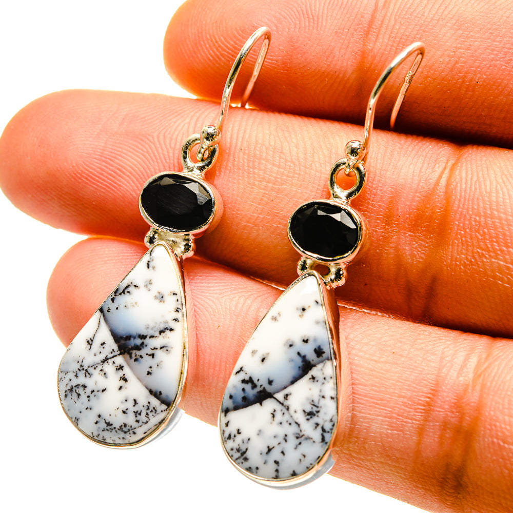 Black onyx and dendritic opal teardrop drop earrings on gold-tone hooks