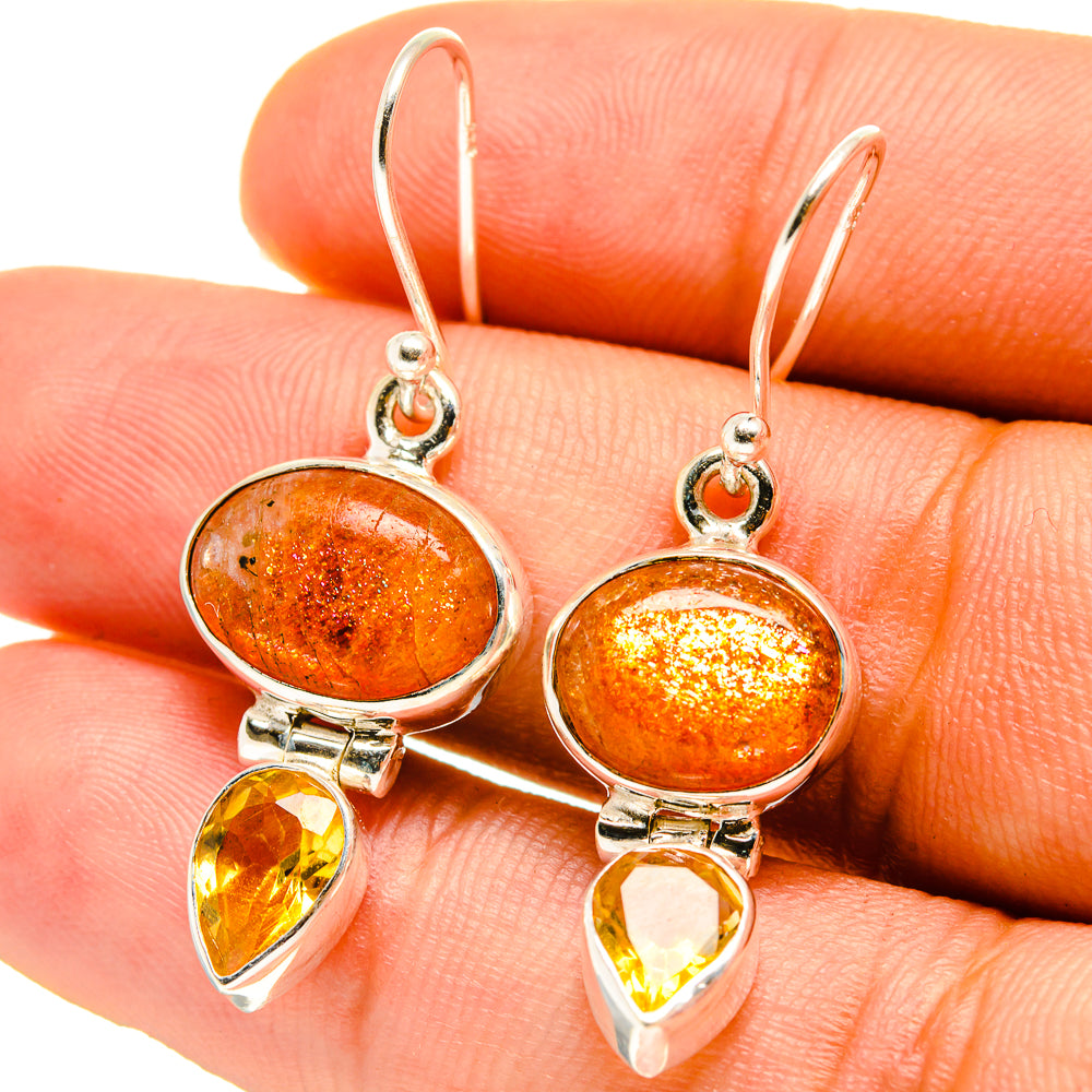 925 sterling silver sunstone & citrine drop earrings: round orange stone, yellow teardrop