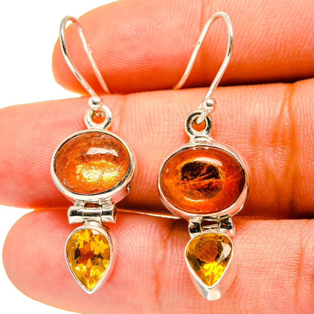 Orange round and yellow pear gemstone drop earrings in 925 sterling silver