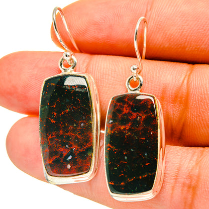 925 sterling silver bloodstone drop earrings with rectangular cabochon, fishhook style