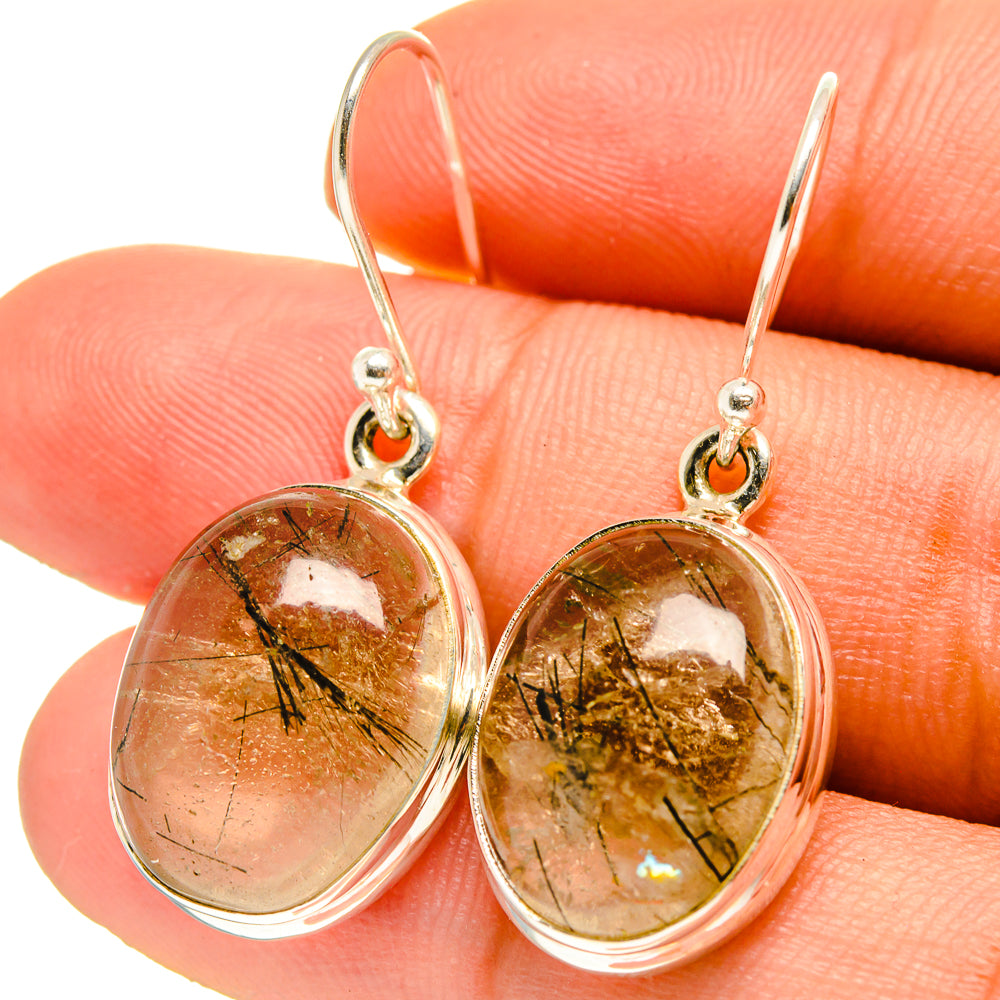 Rutilated quartz oval earrings with amber-gold needle inclusions in 925 sterling silver hooks