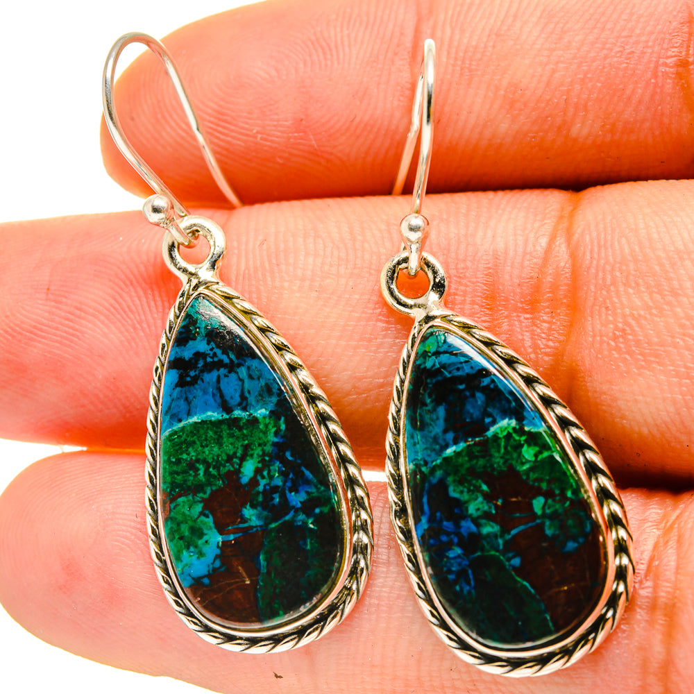 925 sterling silver teardrop earrings with blue and green shattuckite stone