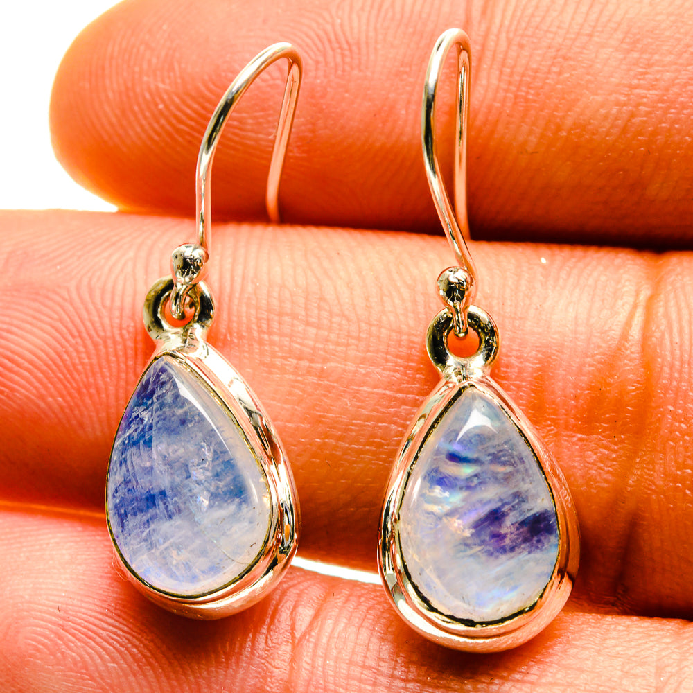 Moonstone drop earrings, pear-shaped blue opal-like stones on gold-tone hooks