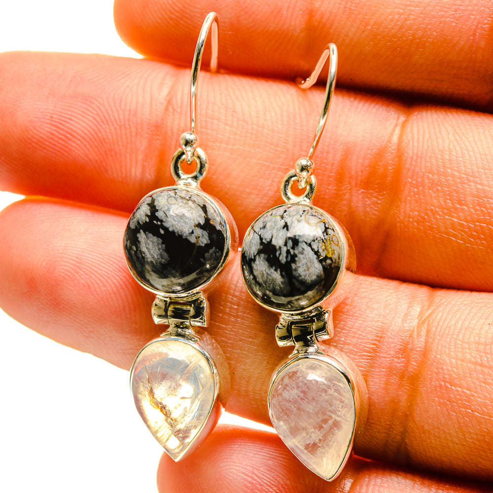 Snowflake Obsidian, Rainbow Moonstone Earrings handcrafted by Ana Silver Co - EARR416821