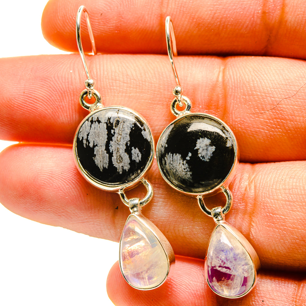 Sterling silver hoop drop earrings with black round stones and pink-lilac iridescent teardrops