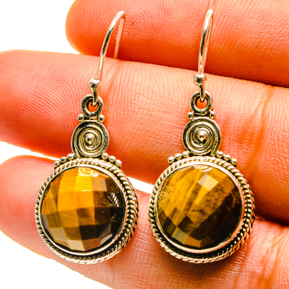 Tiger eye drop earrings, ornate 925 sterling silver round setting