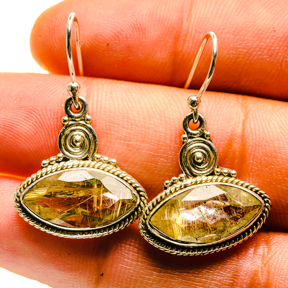Oval rutilated quartz drop earrings in 925 sterling silver with gold-toned stone
