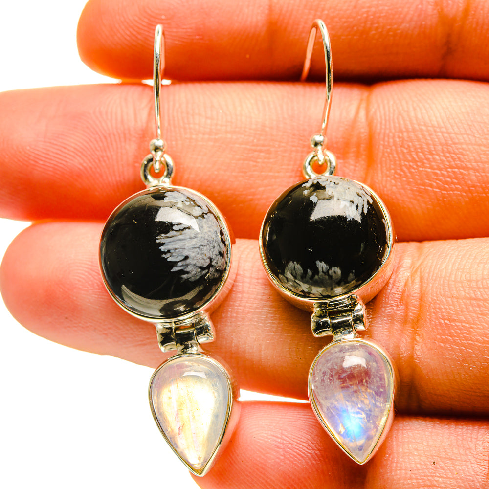 Snowflake Obsidian, Rainbow Moonstone Earrings handcrafted by Ana Silver Co - EARR416854