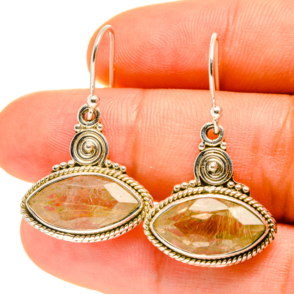 Rutilated quartz teardrop earrings in silver-tone settings, oval cabochons with golden rays