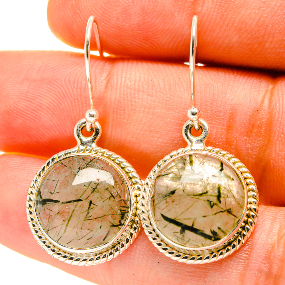 925 sterling silver drop earrings with round tourmalinated quartz, green stone with dark veins
