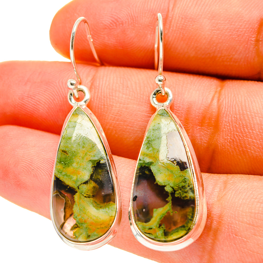 Teardrop opal earrings with green and black mottled stone, silver hook drops