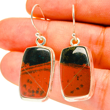 Sterling silver bloodstone earrings, rectangular red-orange and green stone close-up on hooks