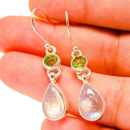 Sterling silver peridot and moonstone drop earrings with green round and iridescent teardrop stones