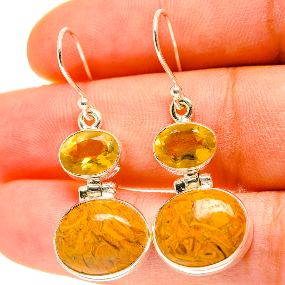 Sterling silver citrine drop earrings with three round amber stones on lever hooks