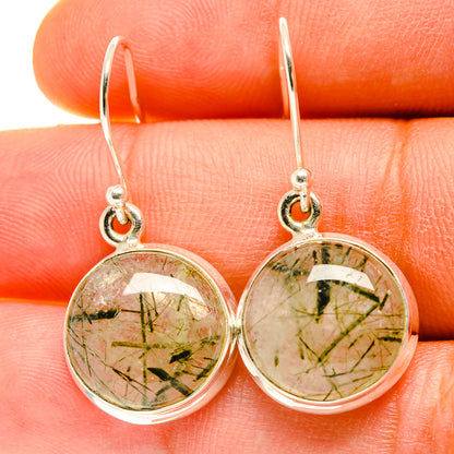 Sterling silver tourmalinated quartz round drop earrings, green needle inclusions