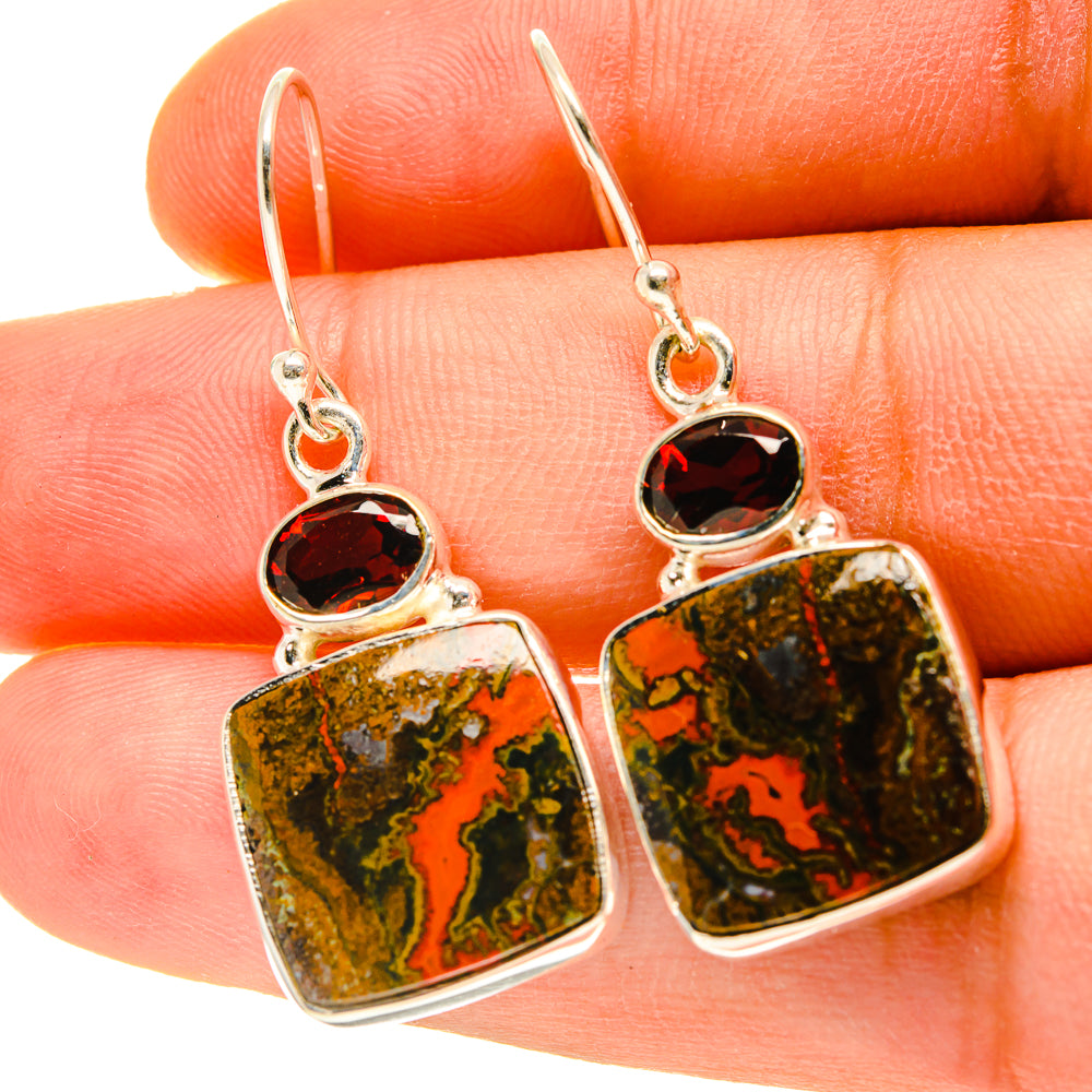 Sterling silver drop earrings with round red stone and mottled green-orange agate squares