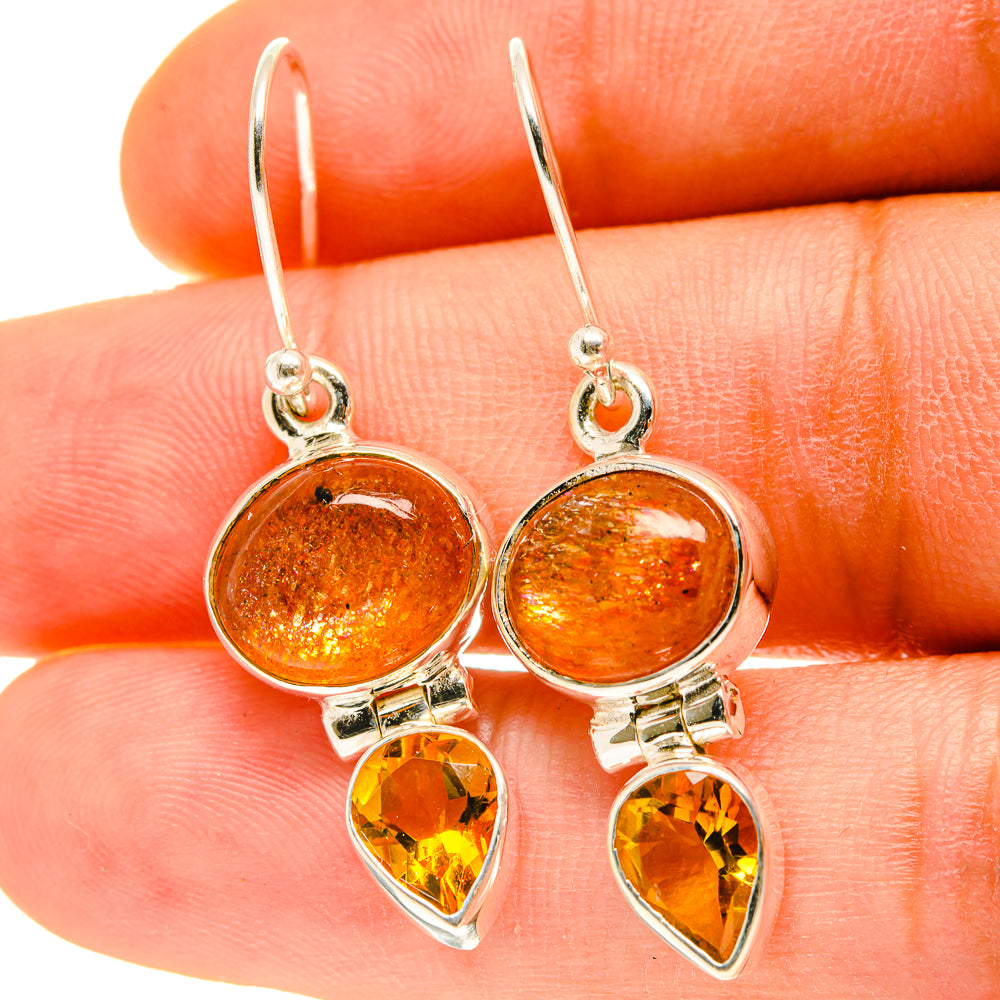 Orange citrine drop earrings on sterling silver hooks, round studs with teardrop dangles