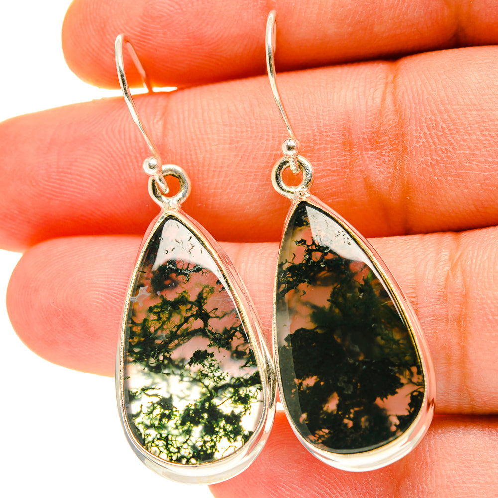 Teardrop moss agate earrings with green gold flecks and silver hooks