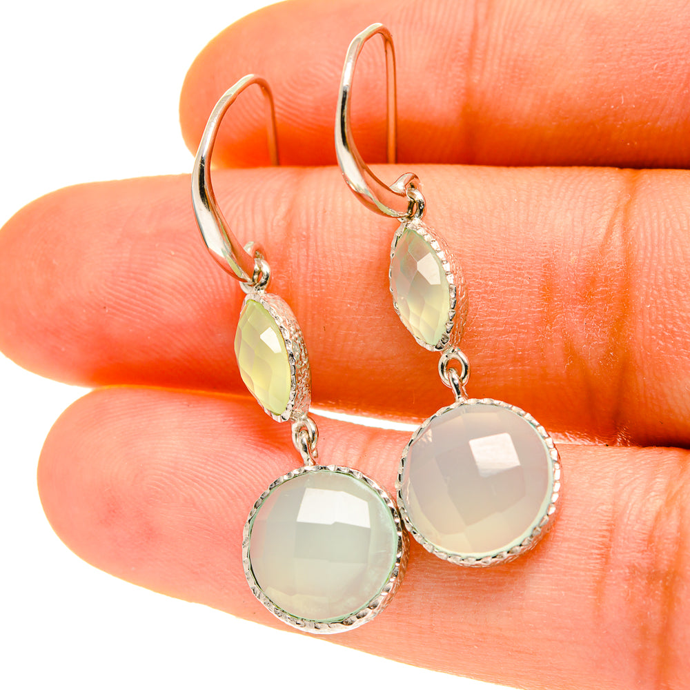 Aqua chalcedony drop earrings, close-up of oval and round stones on sterling silver