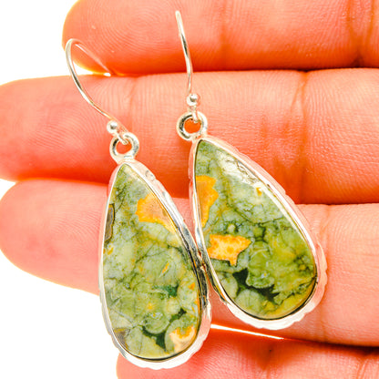 Teardrop opal earrings with green and gold marbled stone, sterling silver hooks