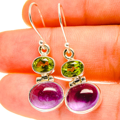 Amethyst and peridot drop earrings with sterling silver hooks and green and purple stones