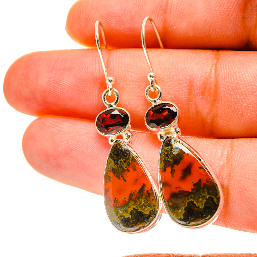 Red garnet and marbled orange-green agate drop earrings with silver hooks