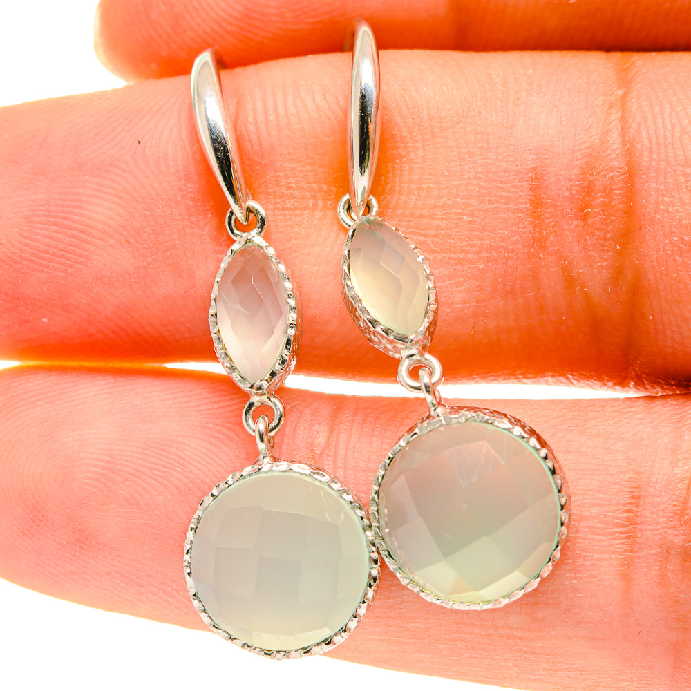 Prehnite drop earrings with three oval pale-green gemstones and silver hooks