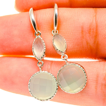 Prehnite drop earrings with three oval pale-green gemstones and silver hooks