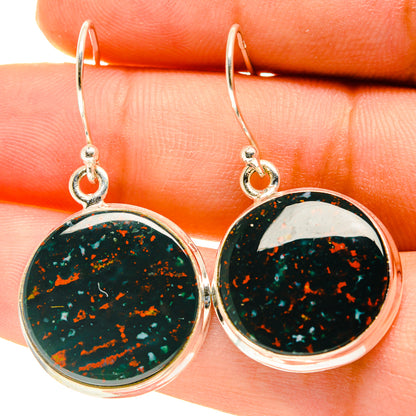 925 sterling silver bloodstone drop earrings, round green speckled stone, lever hooks