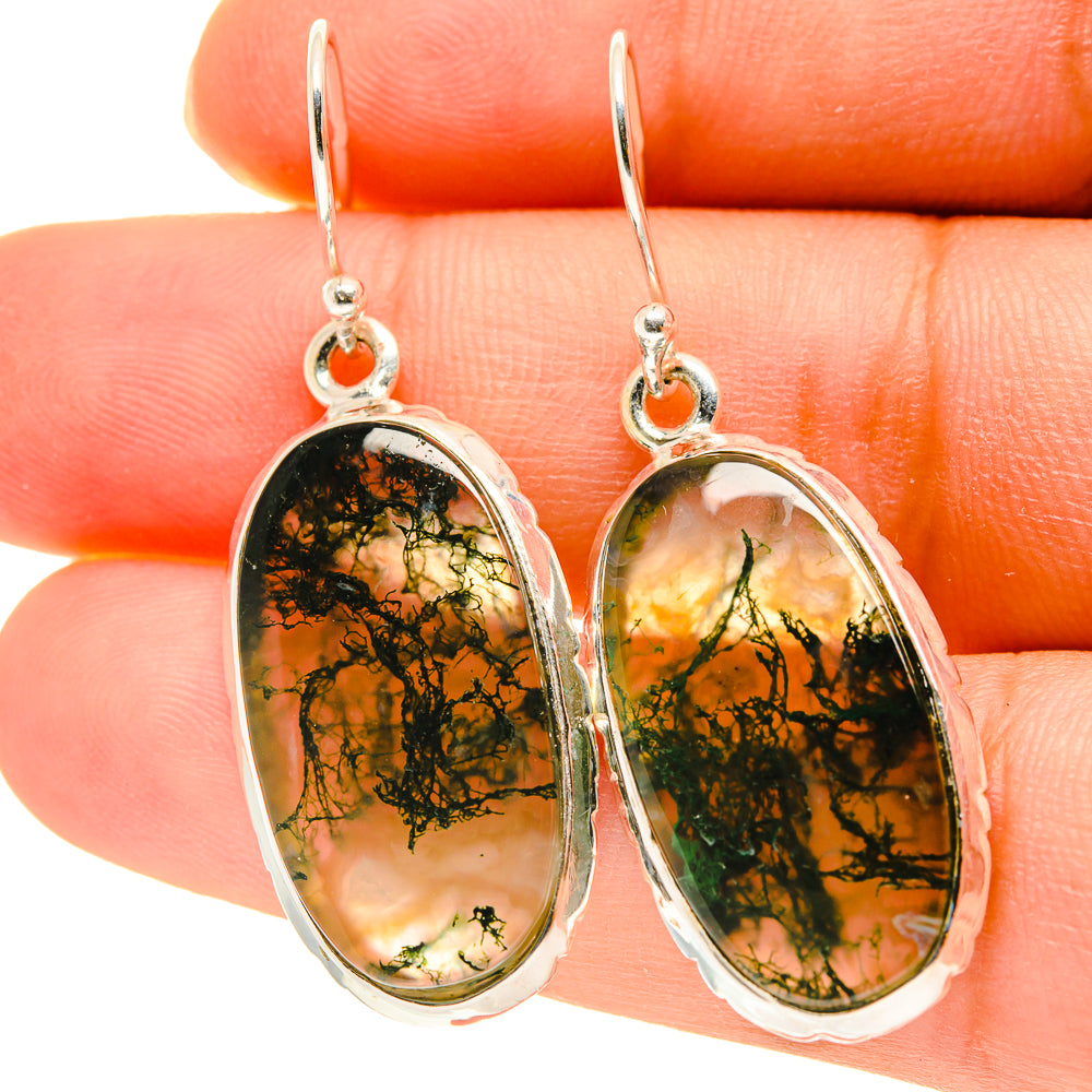 Oval green moss agate drop earrings with 925 sterling silver hooks, close-up pair