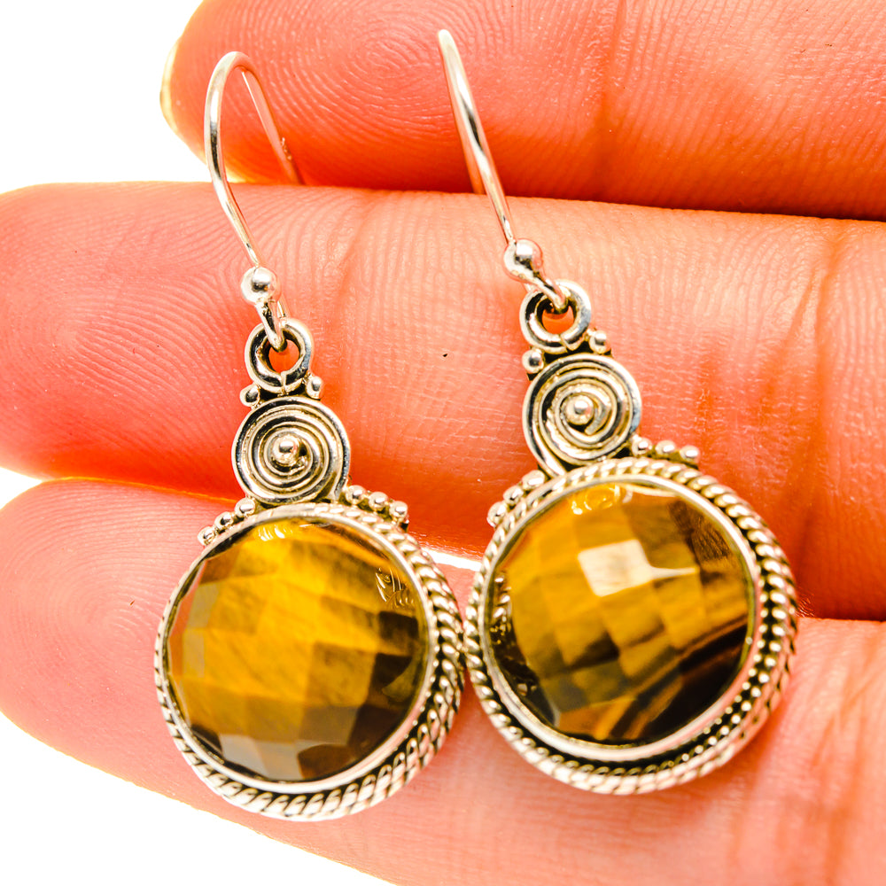 Sterling silver tiger eye drop earrings, round cabochon with ornate halo and fishhook