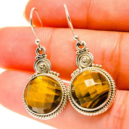 Sterling silver tiger eye drop earrings, round cabochon with ornate halo and fishhook