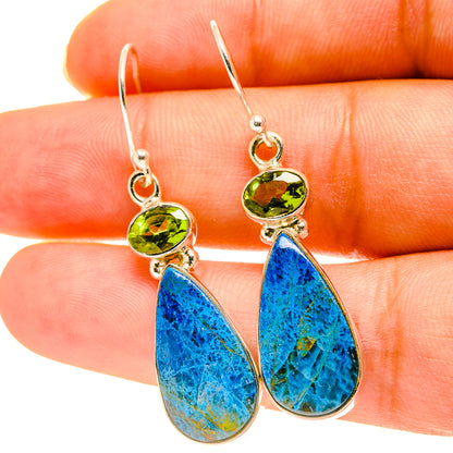 Sterling silver peridot and shattuckite teardrop drop earrings with green accents