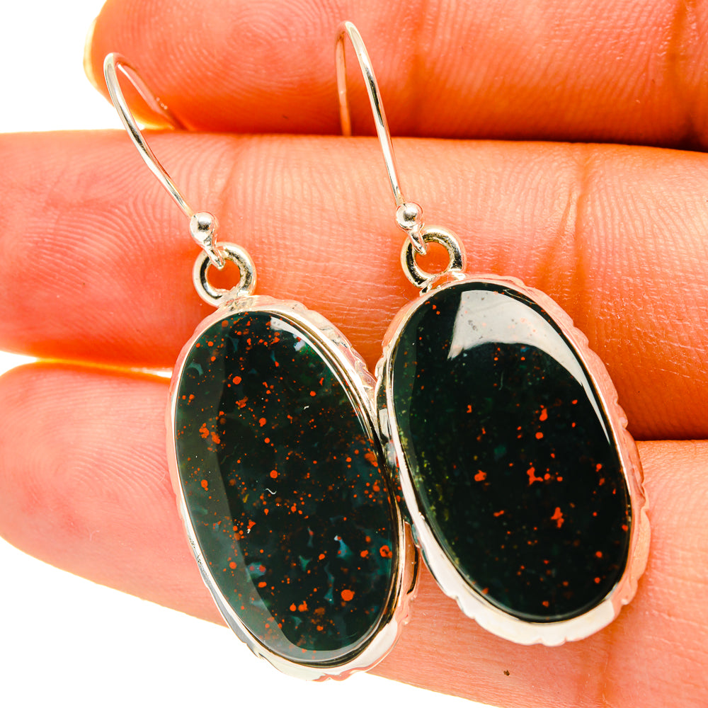 Sterling silver oval bloodstone drop earrings, green stone with red flecks