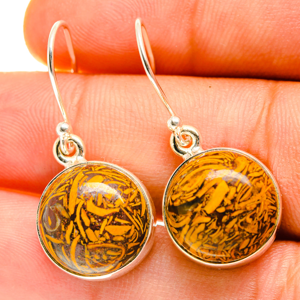 Amber swirl jasper drop earrings in 925 sterling silver, round cabochon style.