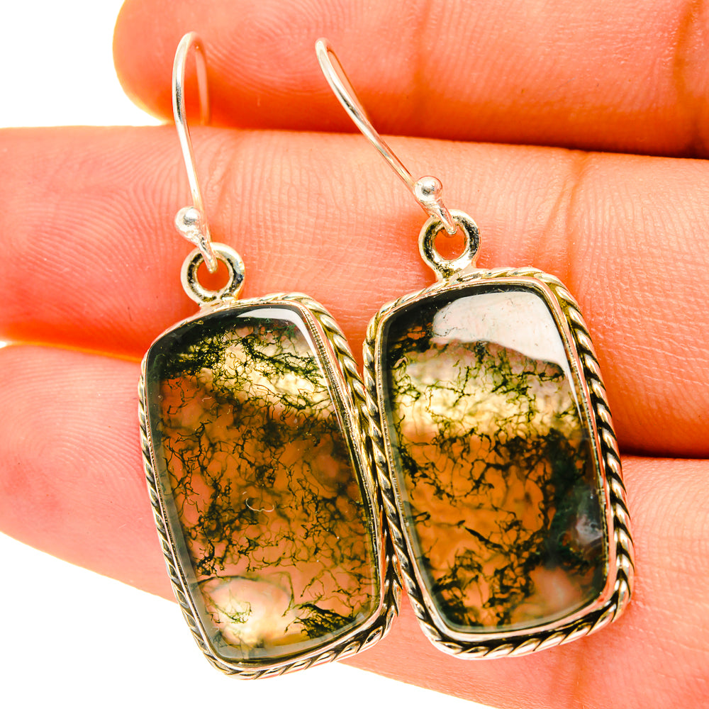 Sterling silver moss agate earrings with rectangular green-and-gold cabochon stones