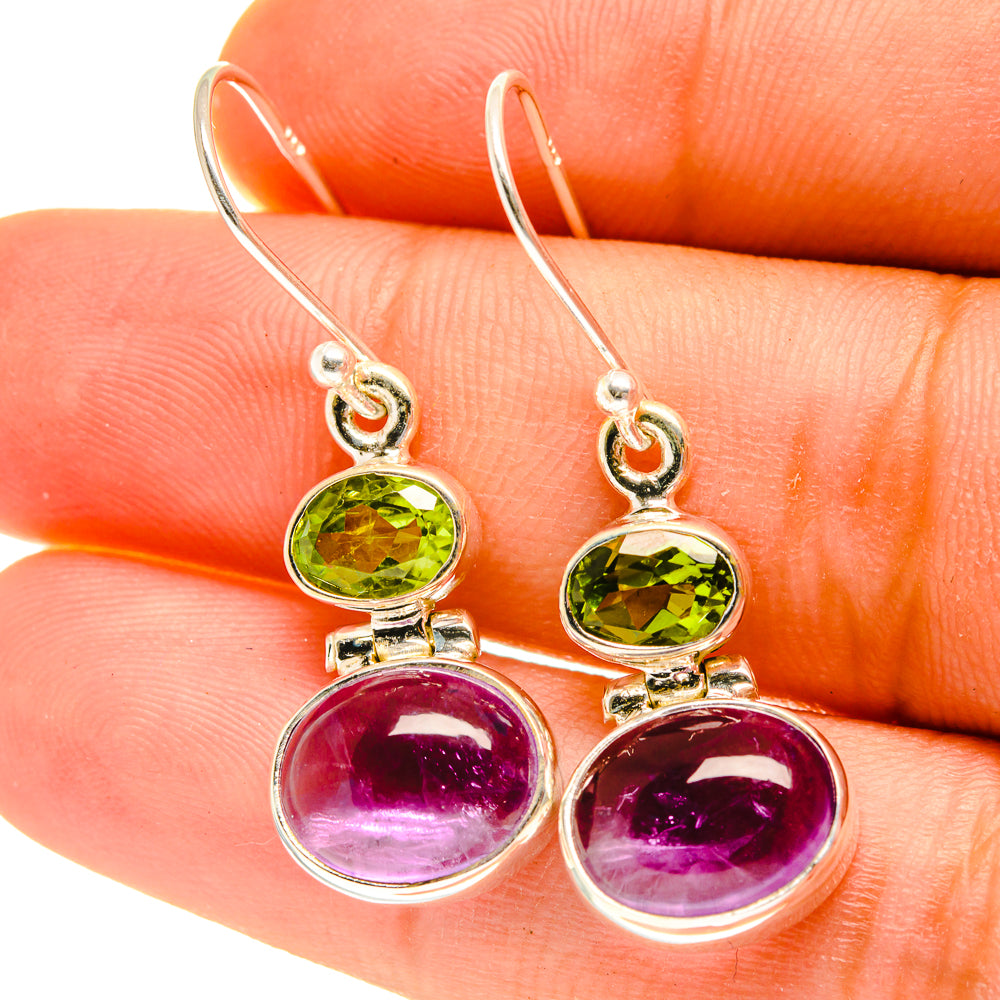 Sterling silver amethyst and peridot drop earrings with green and purple stones