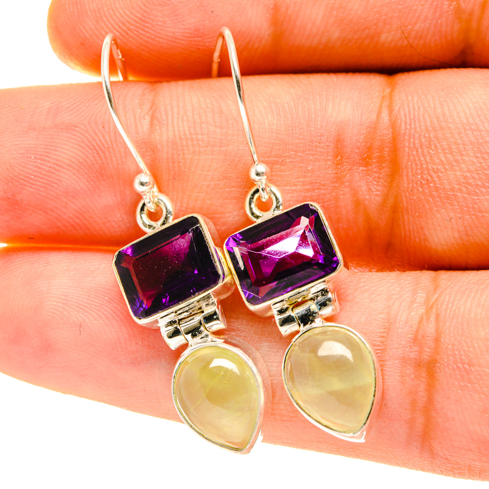 Sterling silver dangle earrings: purple amethyst square top, pale yellow prehnite teardrop