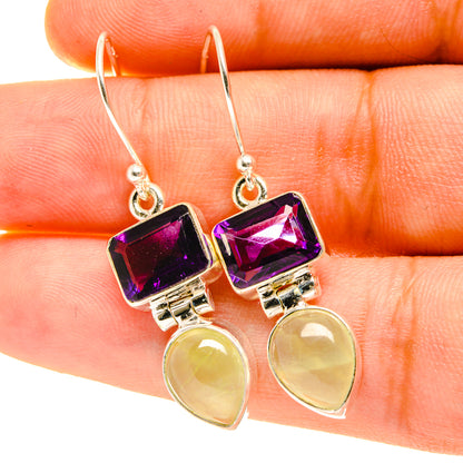 Sterling silver dangle earrings: purple amethyst square top, pale yellow prehnite teardrop